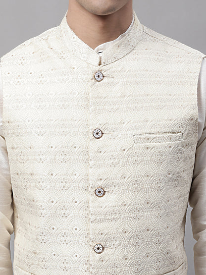Jompers Men's off-White Solid Kurta Pyjama with Cream Woven Design Nehru Jacket - Distacart
