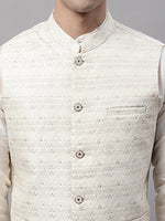 Thumbnail for Jompers Men's off-White Solid Kurta Pyjama with Cream Woven Design Nehru Jacket - Distacart