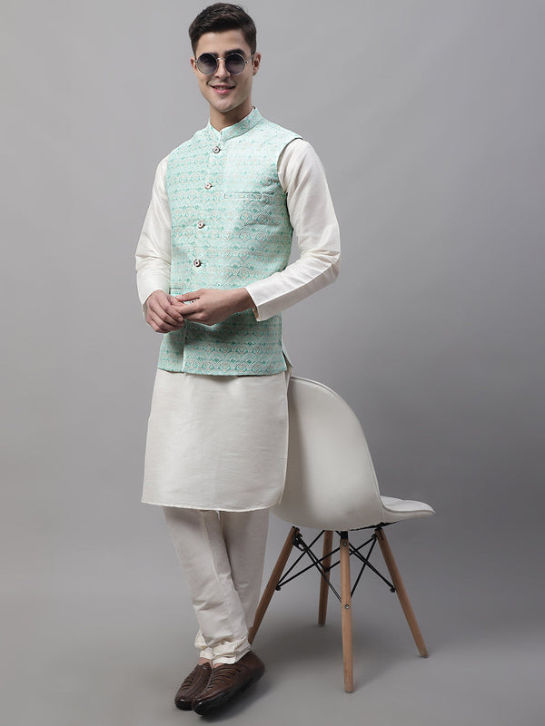 Jompers Men's off-White Solid Kurta Pyjama with Sky Blue Woven Design Nehru Jacket - Distacart