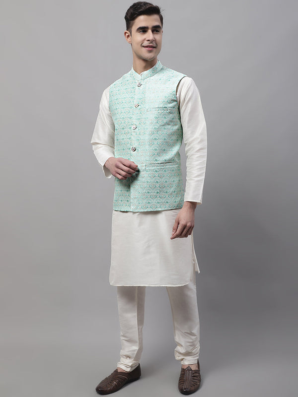 Jompers Men's off-White Solid Kurta Pyjama with Sky Blue Woven Design Nehru Jacket - Distacart