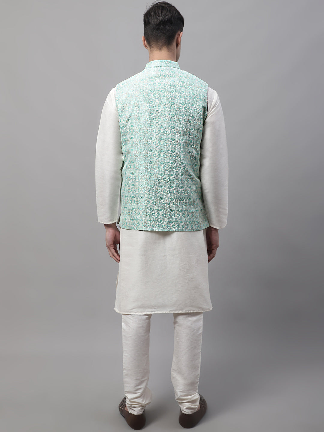 Jompers Men's off-White Solid Kurta Pyjama with Sky Blue Woven Design Nehru Jacket - Distacart