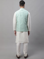 Thumbnail for Jompers Men's off-White Solid Kurta Pyjama with Sky Blue Woven Design Nehru Jacket - Distacart