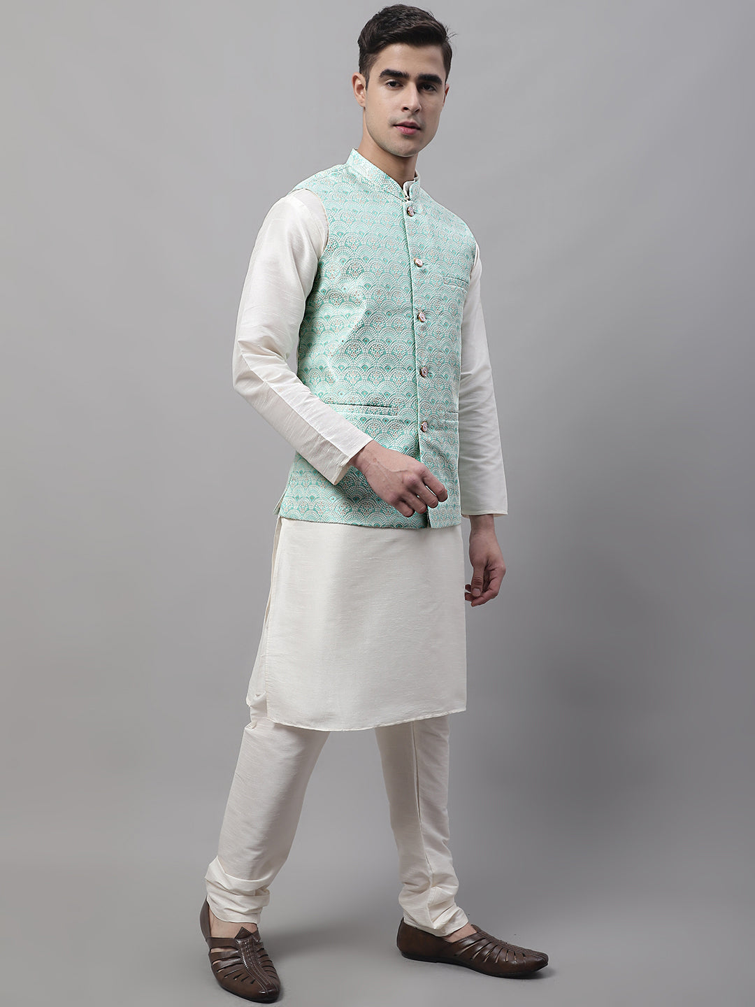 Jompers Men's off-White Solid Kurta Pyjama with Sky Blue Woven Design Nehru Jacket - Distacart