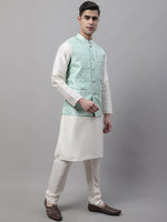 Thumbnail for Jompers Men's off-White Solid Kurta Pyjama with Sky Blue Woven Design Nehru Jacket - Distacart