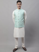 Thumbnail for Jompers Men's off-White Solid Kurta Pyjama with Sky Blue Woven Design Nehru Jacket - Distacart