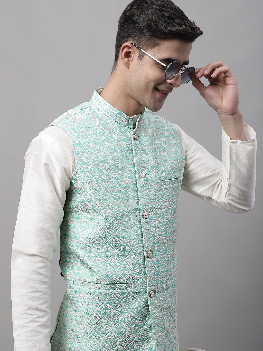 Jompers Men's off-White Solid Kurta Pyjama with Sky Blue Woven Design Nehru Jacket - Distacart