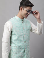 Thumbnail for Jompers Men's off-White Solid Kurta Pyjama with Sky Blue Woven Design Nehru Jacket - Distacart