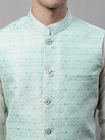 Thumbnail for Jompers Men's off-White Solid Kurta Pyjama with Sky Blue Woven Design Nehru Jacket - Distacart