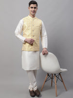 Thumbnail for Jompers Men's off-White Solid Kurta Pyjama with Yellow Woven Design Nehru Jacket - Distacart