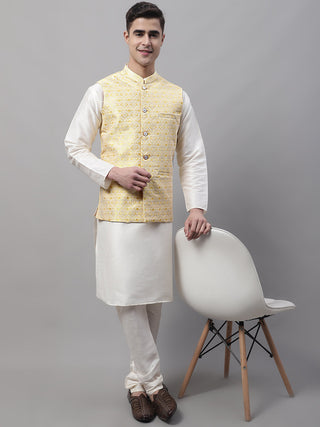 Jompers Men's off-White Solid Kurta Pyjama with Yellow Woven Design Nehru Jacket - Distacart