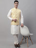Jompers Men's off-White Solid Kurta Pyjama with Yellow Woven Design Nehru Jacket - Distacart