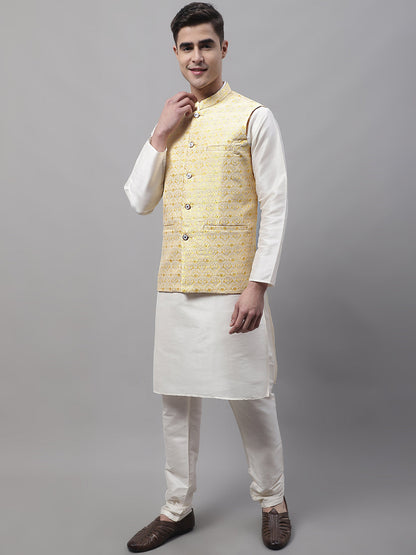 Jompers Men's off-White Solid Kurta Pyjama with Yellow Woven Design Nehru Jacket - Distacart