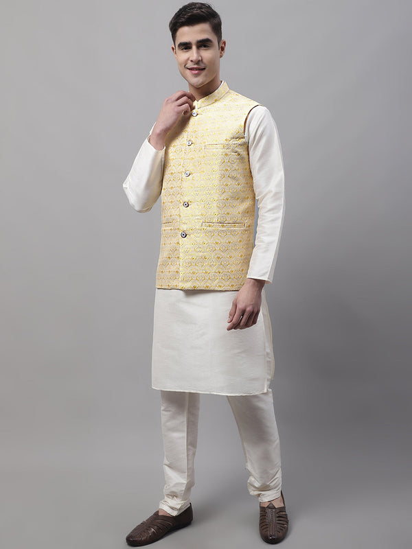 Jompers Men's off-White Solid Kurta Pyjama with Yellow Woven Design Nehru Jacket - Distacart