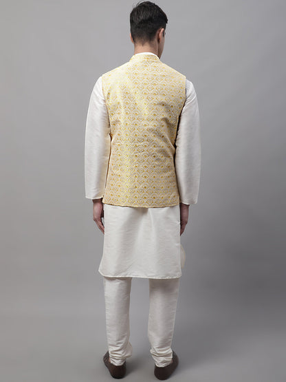 Jompers Men's off-White Solid Kurta Pyjama with Yellow Woven Design Nehru Jacket - Distacart
