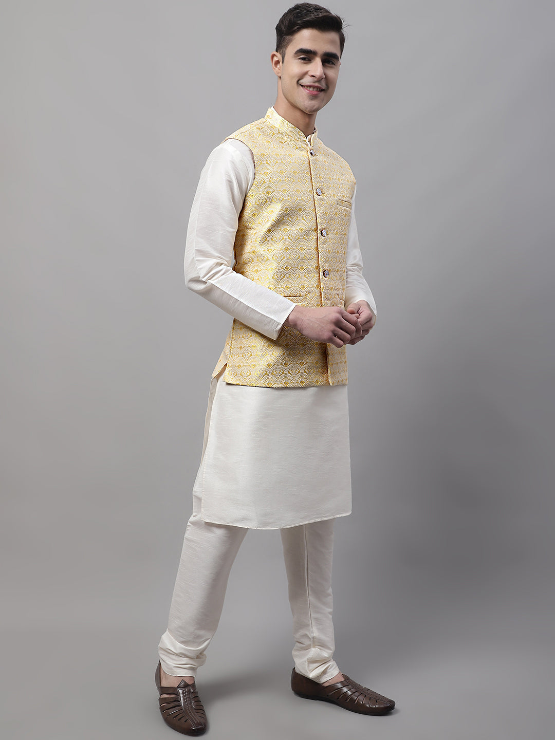 Jompers Men's off-White Solid Kurta Pyjama with Yellow Woven Design Nehru Jacket - Distacart