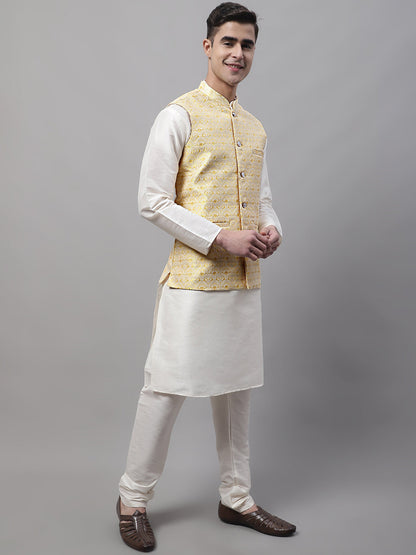 Jompers Men's off-White Solid Kurta Pyjama with Yellow Woven Design Nehru Jacket - Distacart
