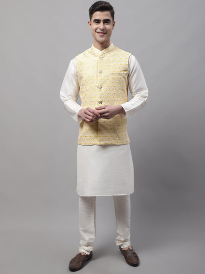 Jompers Men's off-White Solid Kurta Pyjama with Yellow Woven Design Nehru Jacket - Distacart