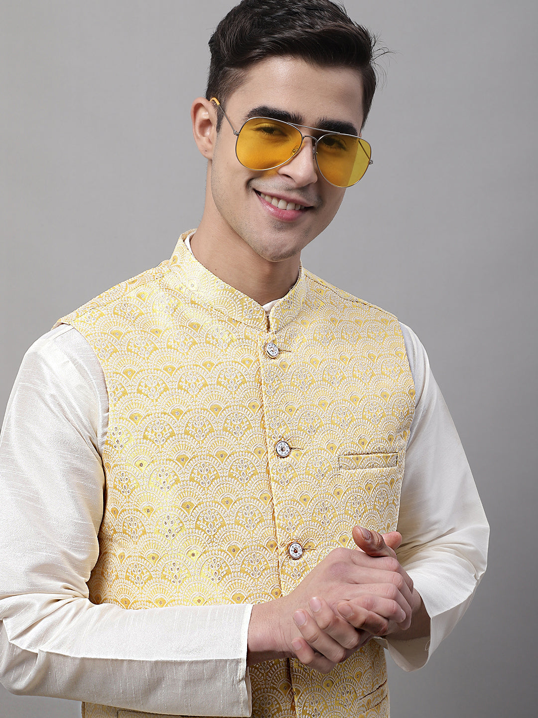 Jompers Men's off-White Solid Kurta Pyjama with Yellow Woven Design Nehru Jacket - Distacart