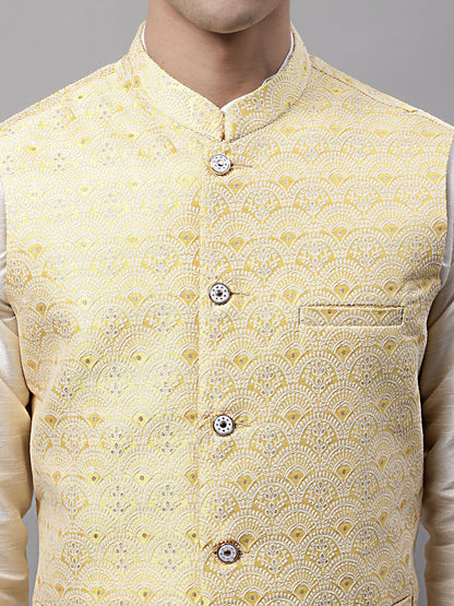 Jompers Men's off-White Solid Kurta Pyjama with Yellow Woven Design Nehru Jacket - Distacart