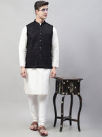 Thumbnail for Jompers Men's White Solid Kurta Pyjama with Black Embroidered Nehru Jacket - Distacart