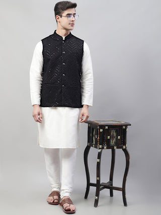 Jompers Men's White Solid Kurta Pyjama with Black Embroidered Nehru Jacket - Distacart