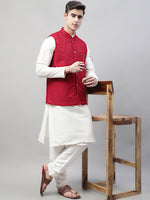 Thumbnail for Jompers Men's White Solid Kurta Pyjama with Maroon Embroidered Nehru Jacket - Distacart
