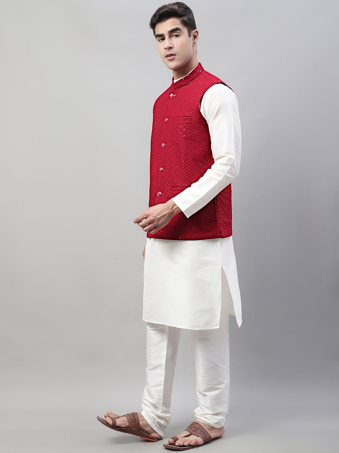 Jompers Men's White Solid Kurta Pyjama with Maroon Embroidered Nehru Jacket - Distacart