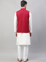 Thumbnail for Jompers Men's White Solid Kurta Pyjama with Maroon Embroidered Nehru Jacket - Distacart