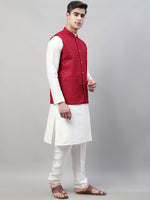 Thumbnail for Jompers Men's White Solid Kurta Pyjama with Maroon Embroidered Nehru Jacket - Distacart