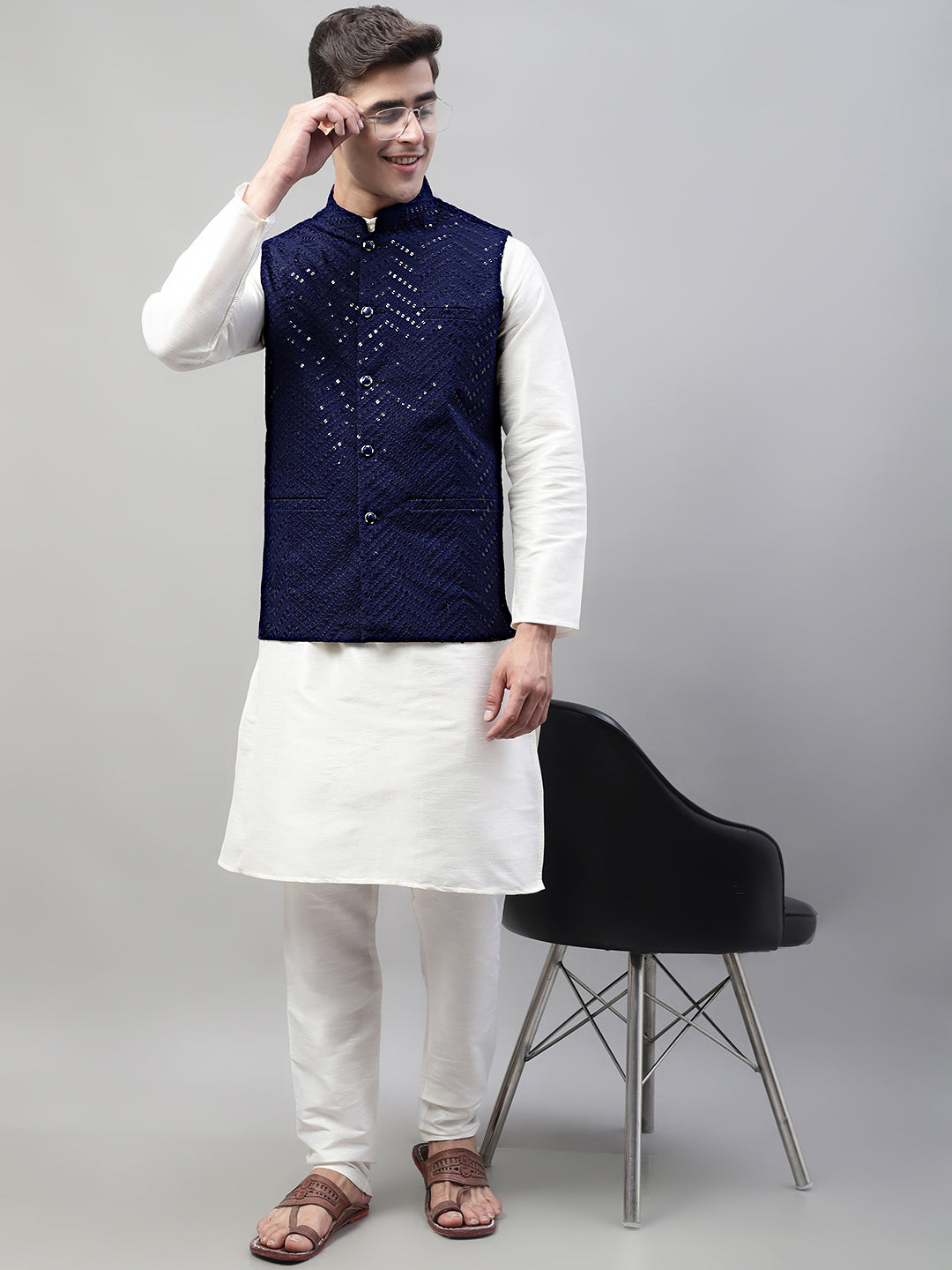 Jompers Men's White Solid Kurta Pyjama with Navy Blue Embroidered Nehru Jacket - Distacart