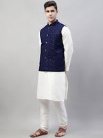 Thumbnail for Jompers Men's White Solid Kurta Pyjama with Navy Blue Embroidered Nehru Jacket - Distacart