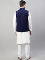 Thumbnail for Jompers Men's White Solid Kurta Pyjama with Navy Blue Embroidered Nehru Jacket - Distacart