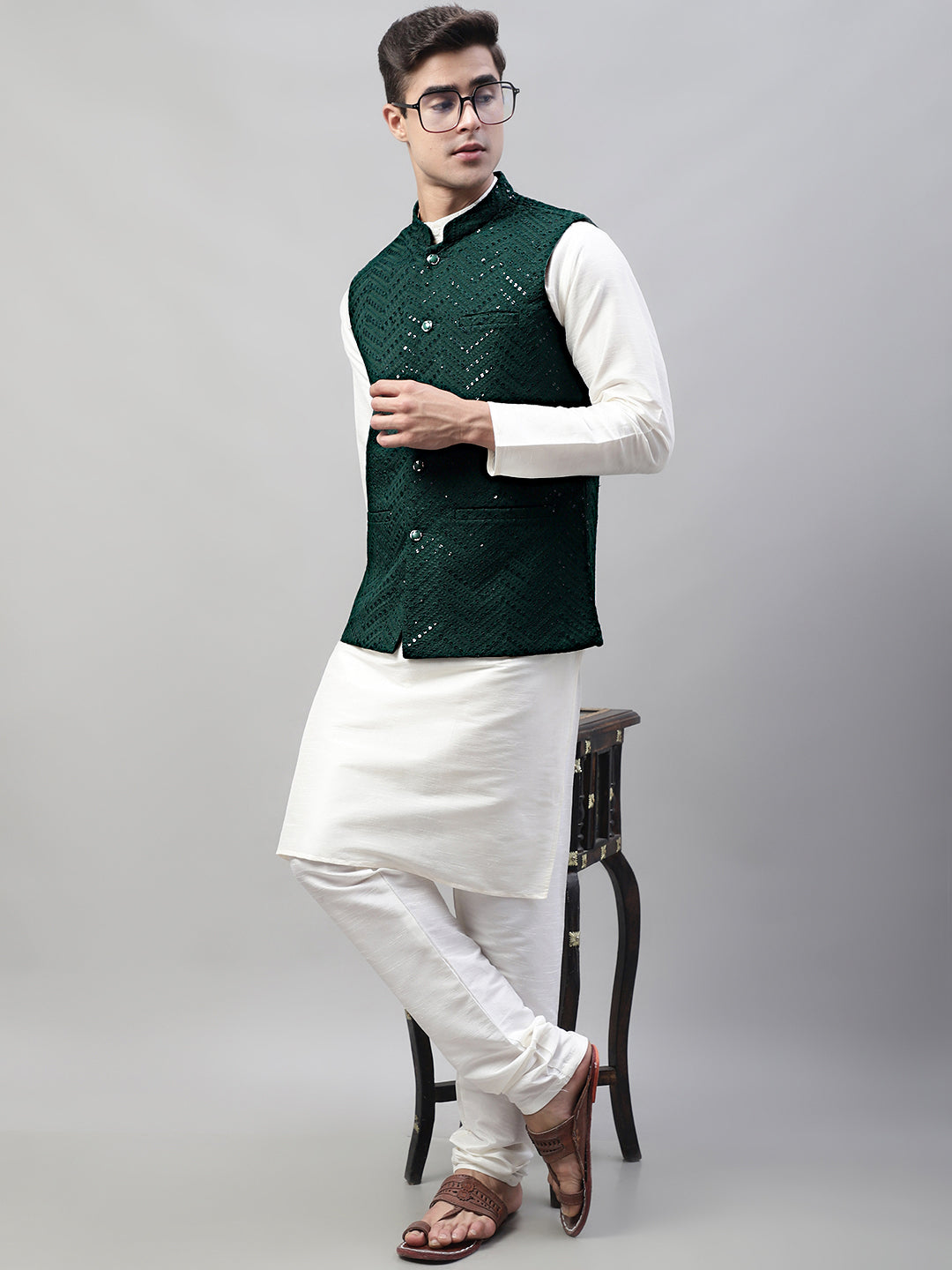 Jompers Men's White Solid Kurta Pyjama with Olive Green Embroidered Nehru Jacket - Distacart