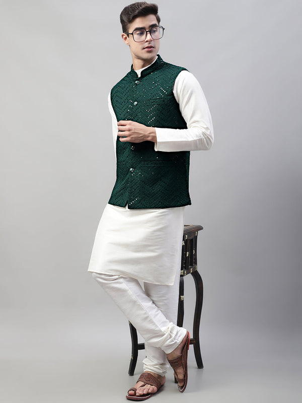 Jompers Men's White Solid Kurta Pyjama with Olive Green Embroidered Nehru Jacket - Distacart