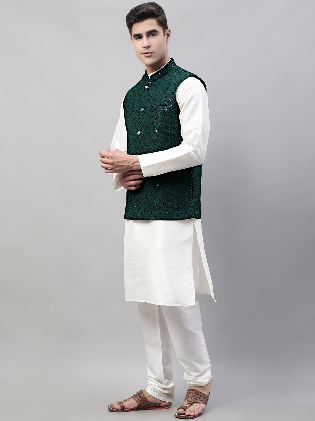 Jompers Men's White Solid Kurta Pyjama with Olive Green Embroidered Nehru Jacket - Distacart