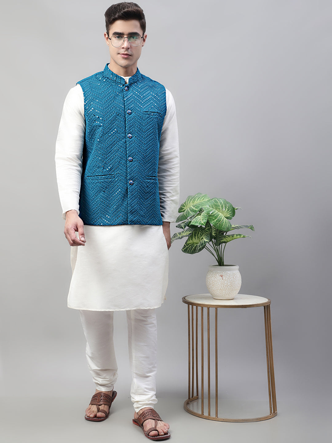 Jompers Men's White Solid Kurta Pyjama with Blue Embroidered Nehru Jacket - Distacart