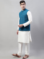 Thumbnail for Jompers Men's White Solid Kurta Pyjama with Blue Embroidered Nehru Jacket - Distacart