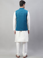 Thumbnail for Jompers Men's White Solid Kurta Pyjama with Blue Embroidered Nehru Jacket - Distacart