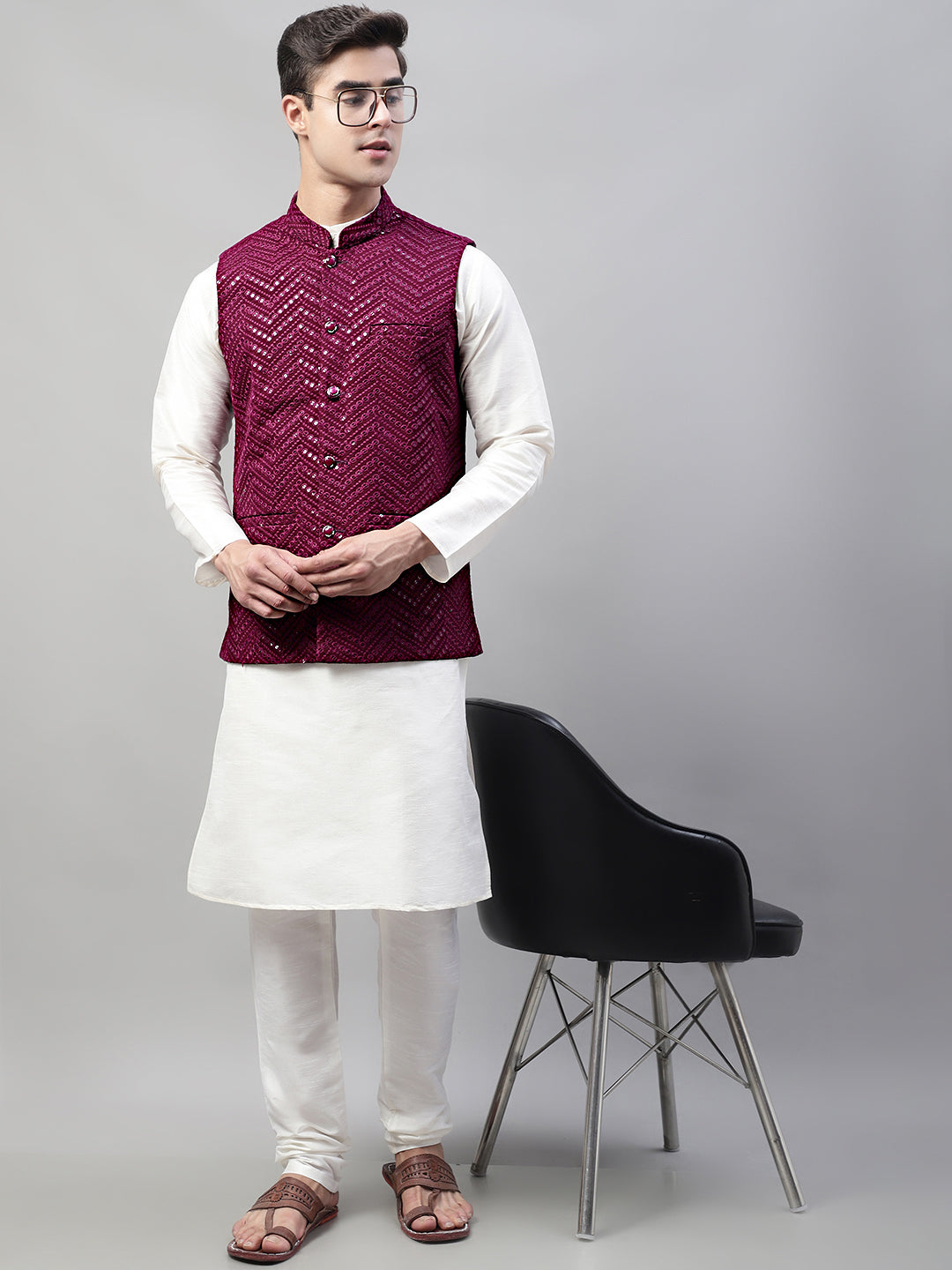 Jompers Men's White Solid Kurta Pyjama with Purple Embroidered Nehru Jacket - Distacart