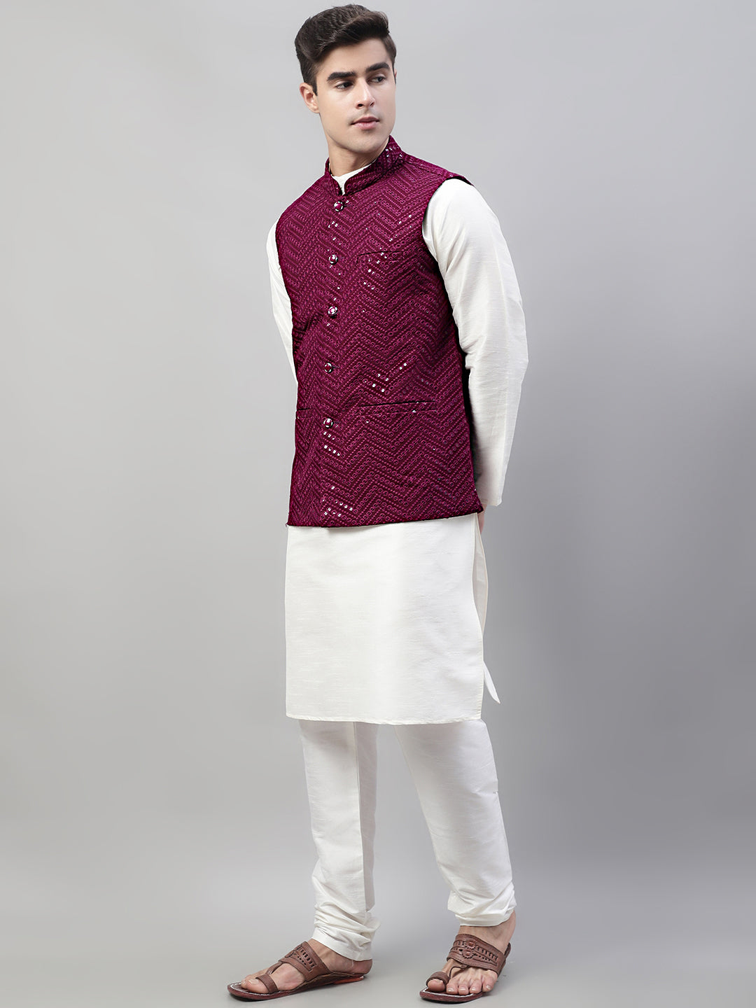 Jompers Men's White Solid Kurta Pyjama with Purple Embroidered Nehru Jacket - Distacart