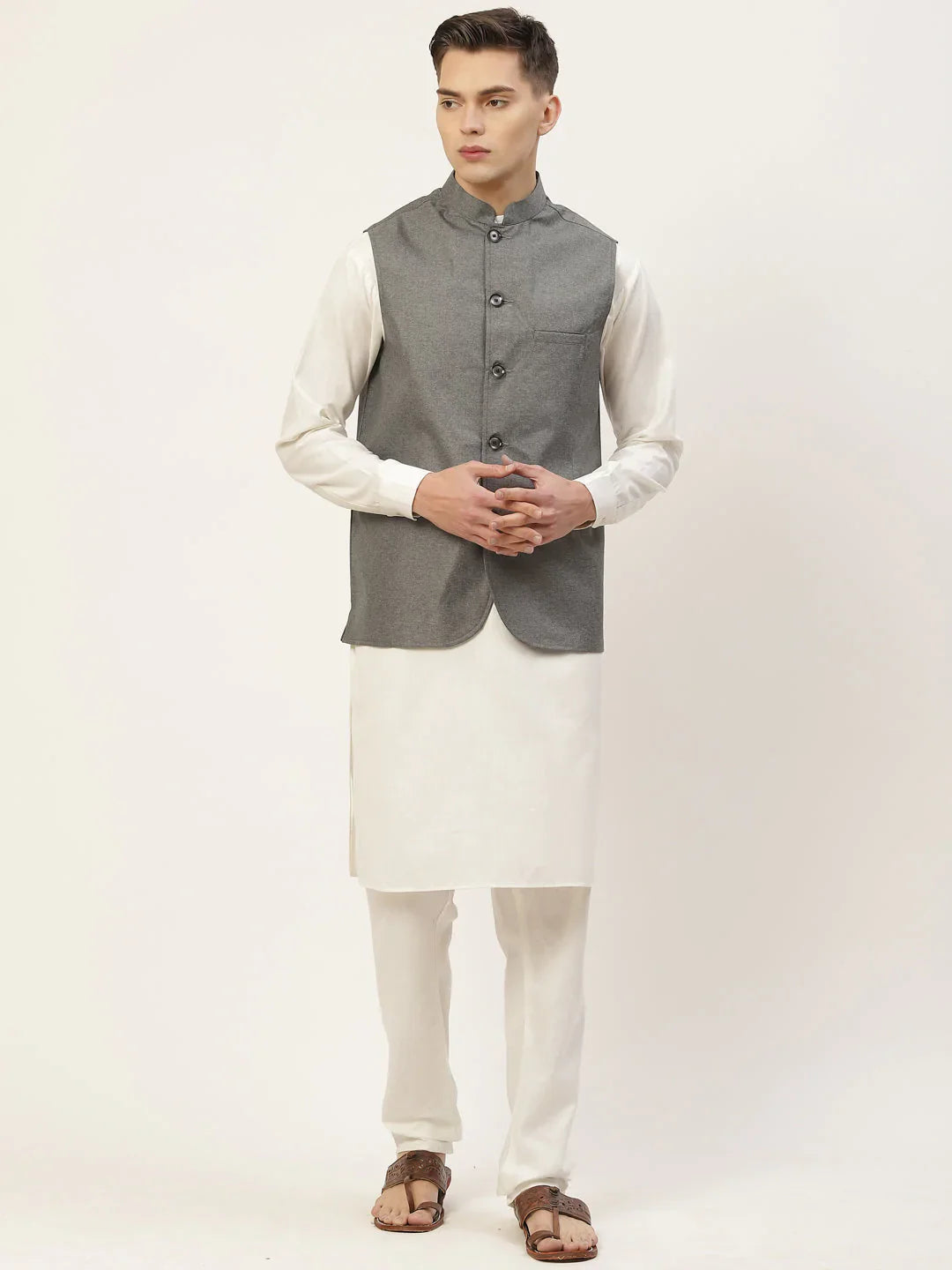 Jompers Men's Kurta Pyjama With Charcoal Grey Solid Nehru Jacket - Distacart