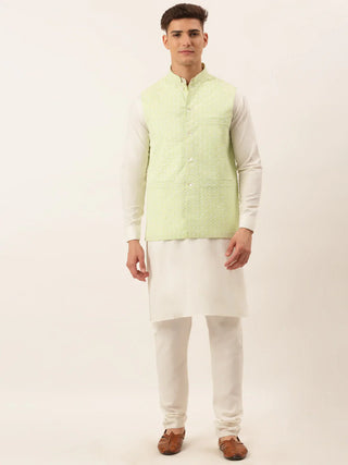 Jompers Men's White Cotton Blend Kurta with Pyjamas & Green Embroidered Nehru Jacket - Distacart