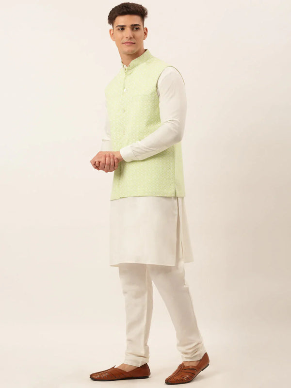 Jompers Men's White Cotton Blend Kurta with Pyjamas & Green Embroidered Nehru Jacket - Distacart