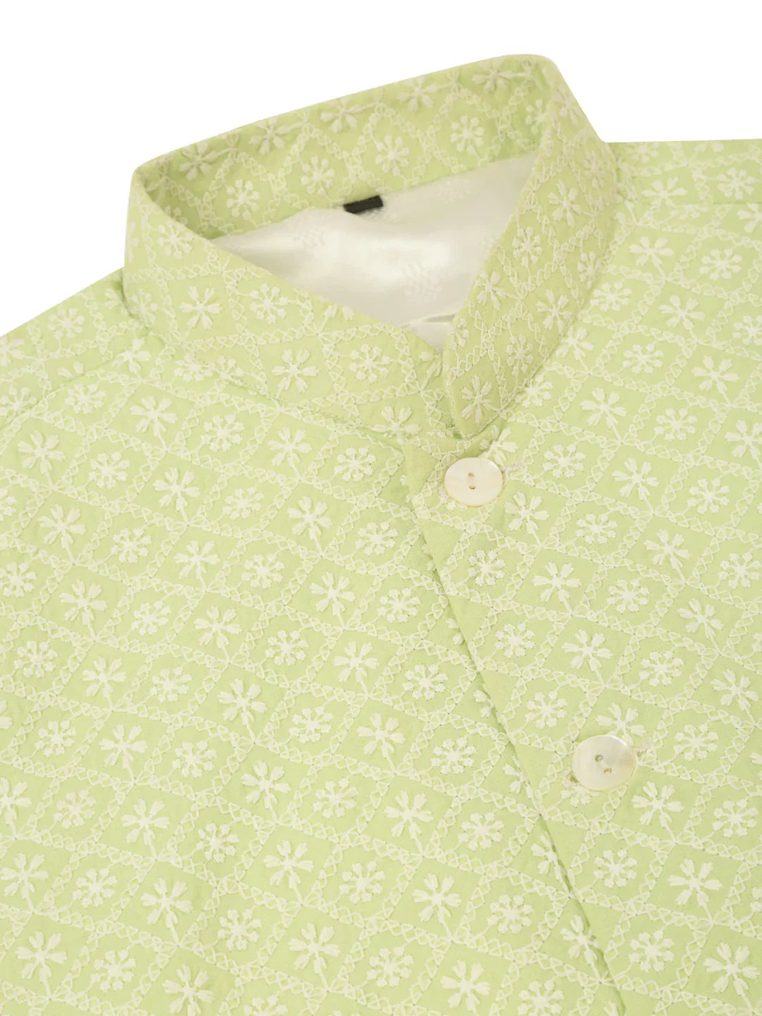 Jompers Men's White Cotton Blend Kurta with Pyjamas & Green Embroidered Nehru Jacket - Distacart