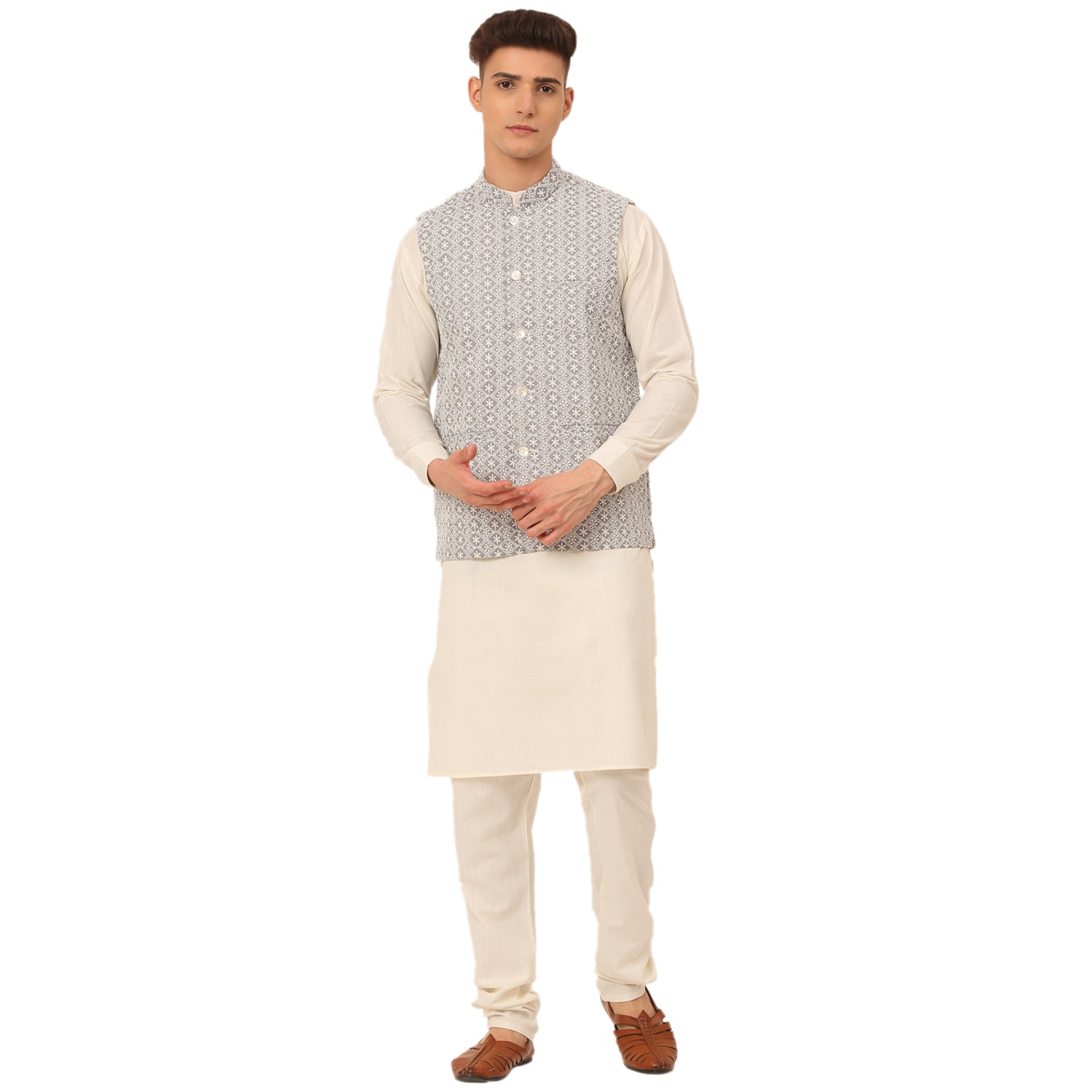 Jompers Men's White Cotton Blend Kurta with Pyjamas & Embroidered Nehru Jacket - Distacart