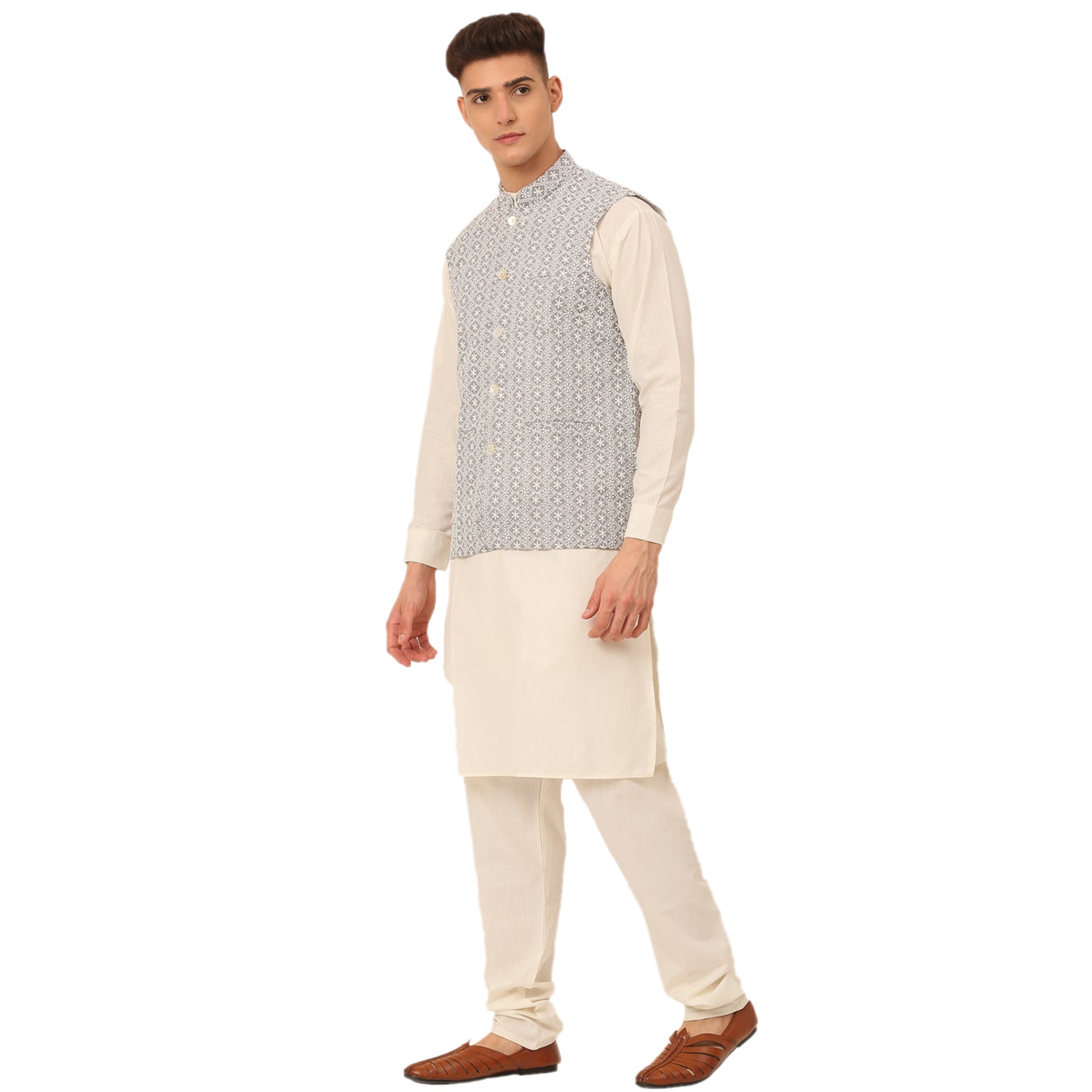 Jompers Men's White Cotton Blend Kurta with Pyjamas & Embroidered Nehru Jacket - Distacart