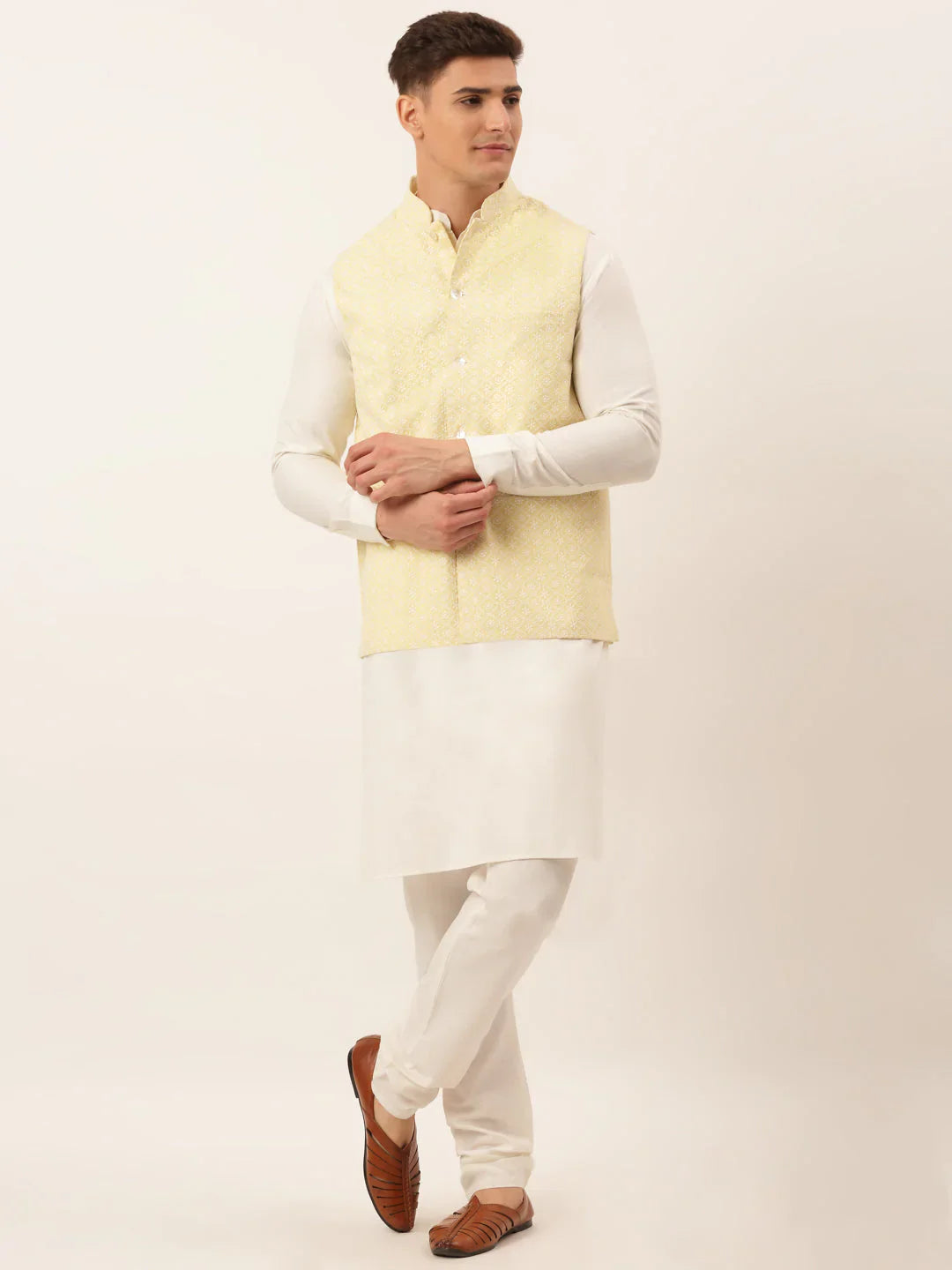Jompers Men's White Cotton Blend Kurta with Pyjamas & Yellow Embroidered Nehru Jacket - Distacart