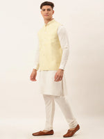 Thumbnail for Jompers Men's White Cotton Blend Kurta with Pyjamas & Yellow Embroidered Nehru Jacket - Distacart