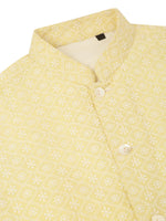 Thumbnail for Jompers Men's White Cotton Blend Kurta with Pyjamas & Yellow Embroidered Nehru Jacket - Distacart