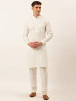 Thumbnail for Jompers Men's White Cotton Blend Kurta with Pyjamas & Orange Embroidered Nehru Jacket - Distacart